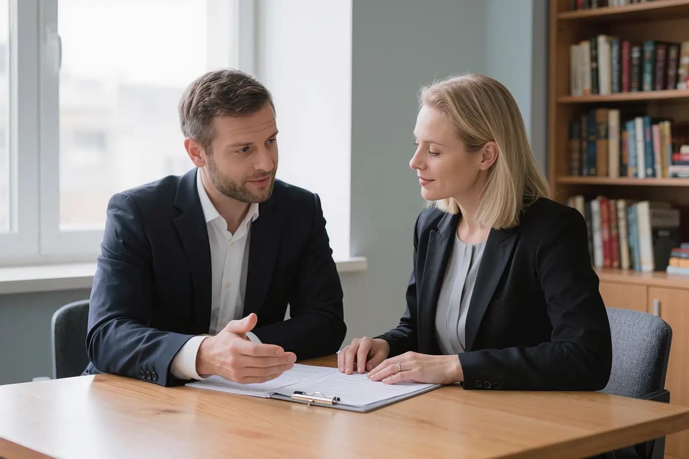 Zwei Anwälte besprechen Unterlagen am hellen Besprechungstisch
