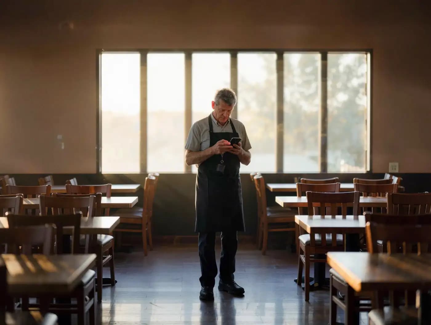 Gastronom im leeren Gastraum prüft eine Google-Bewertung auf dem Smartphone